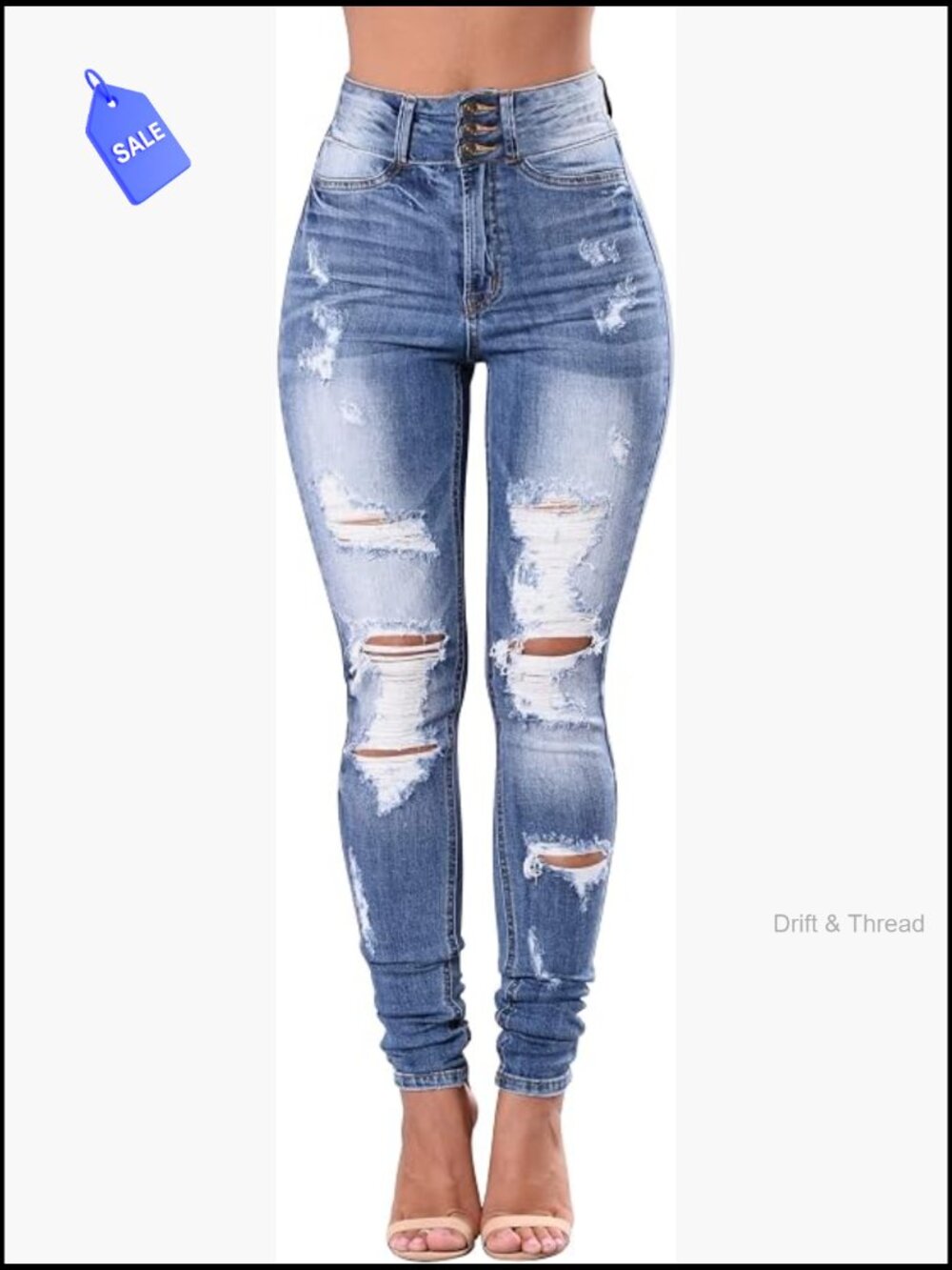 High Waisted Ripped Skinny Jeans Stretch Denim